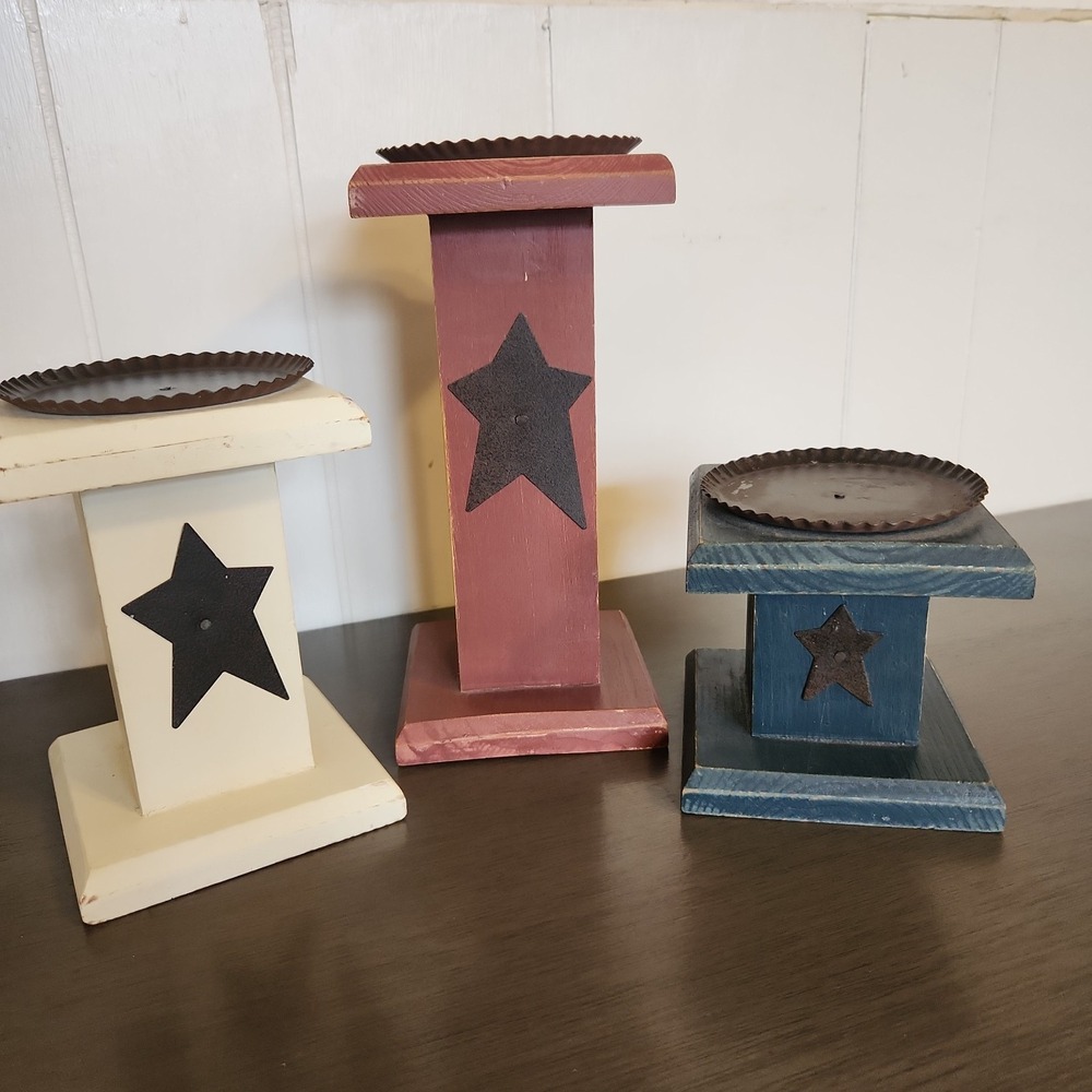 Rustic Tiered Wooden Candle Stands Red White Blue Star Farmhouse Primitive Decor